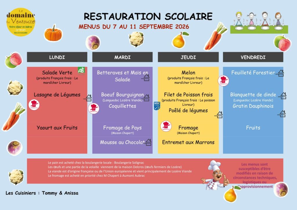 Menus restauration scolaire du 7 au 11/09/2026 - Commune de Peyre en Aubrac en Lozère