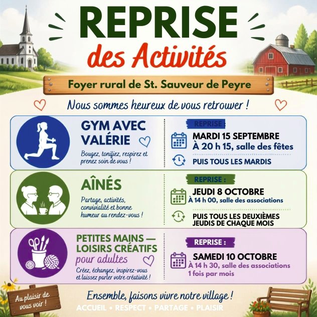 Reprise des activités 2026-2027  du foyer rural de Saint Sauveur de Peyre - Commune de Peyre en Aubrac en Lozère