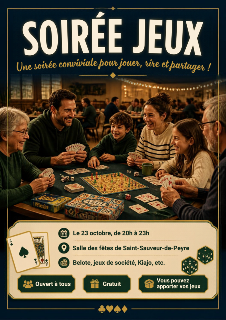 Soirée jeux de société à Saint Sauveur de Peyre le 23/10/2026 - Commune de Peyre en Aubrac en Lozère