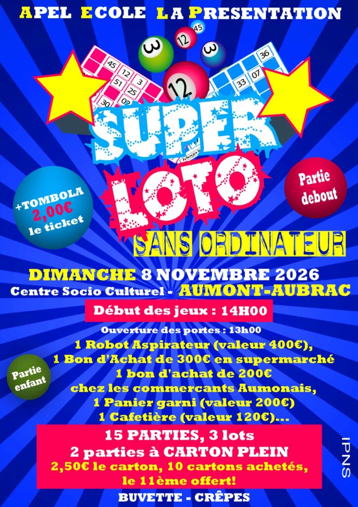 Loto de l'APEL La Présentation à Aumont-Aubrac le 8/11/2026 - Commune de Peyre en Aubrac en Lozère