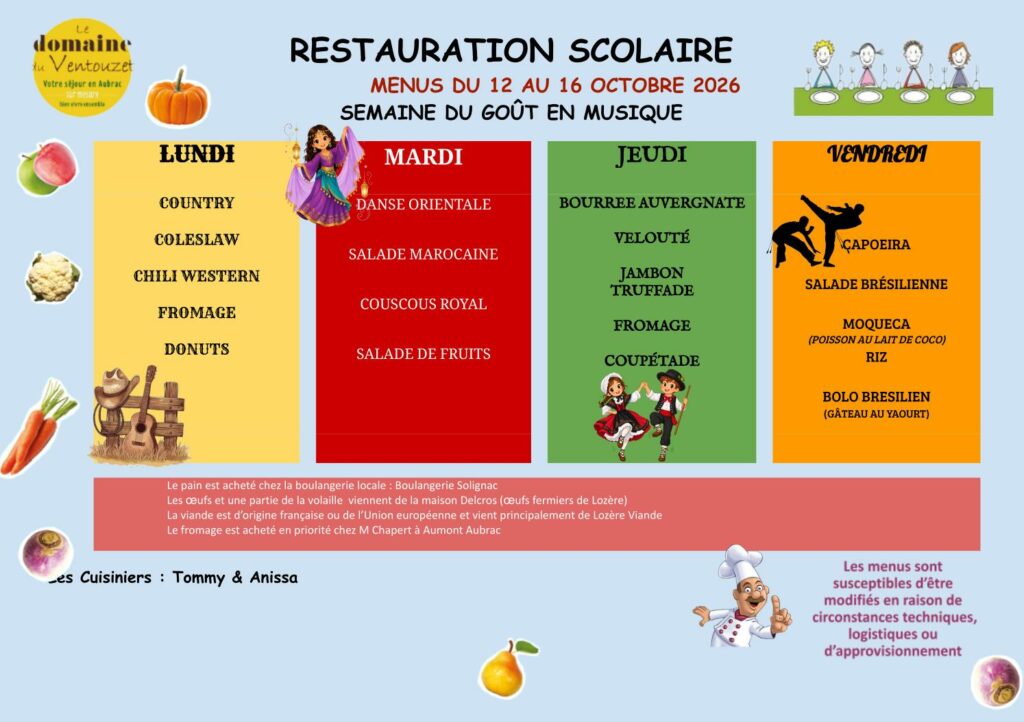 Menus restauration scolaire du 12 au 16 octobre 2026- Commune de Peyre en Aubrac en Lozère