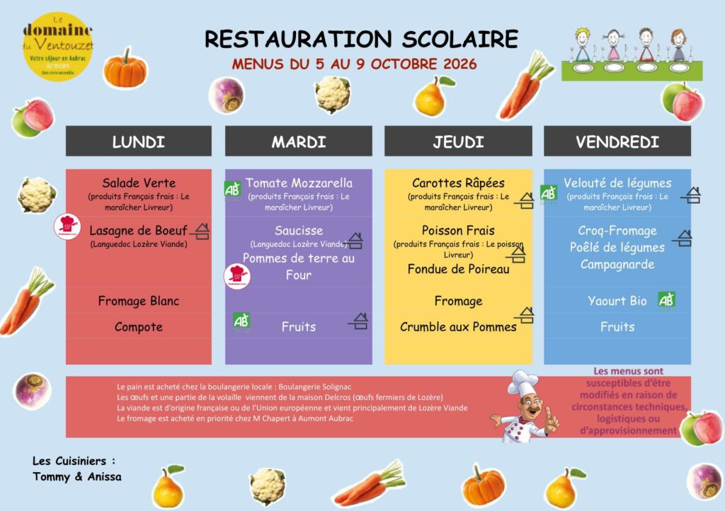 Menus restauration scolaire du 7 au 9 octobre 2026- Commune de Peyre en Aubrac en Lozère