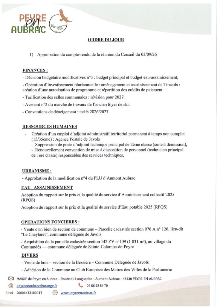 Ordre du jour Conseil Municipal du 28/10/2026 - Commune de Peyre  en Aubrac en Lozère